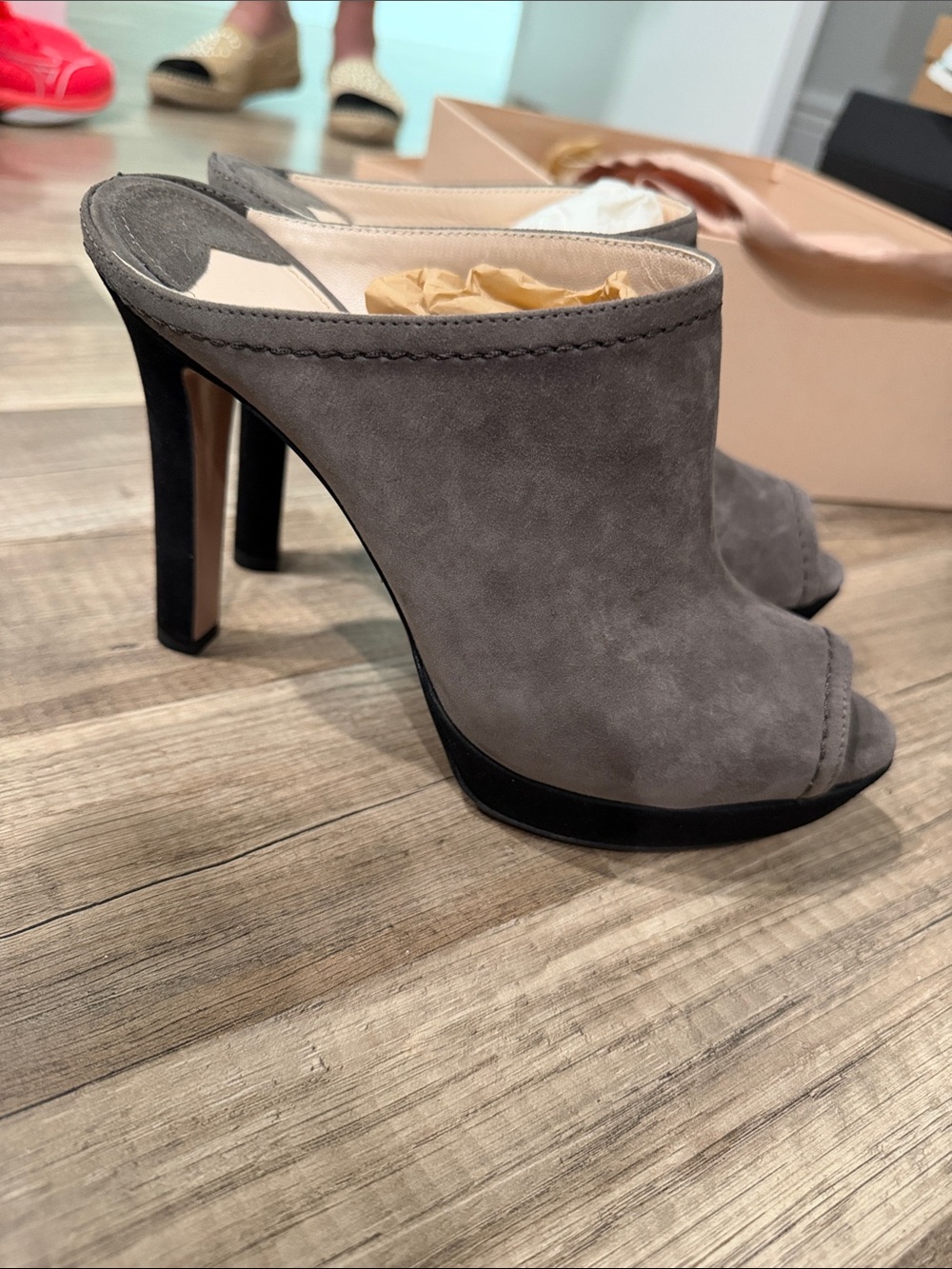 Prada Gray Suede Peep-Toe Mule Heels